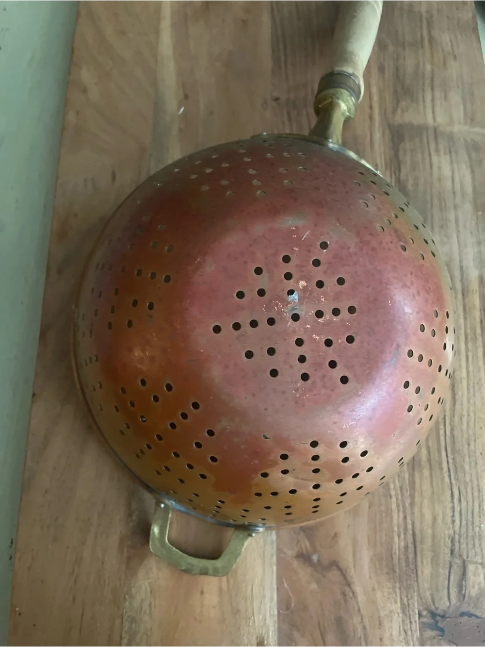 Vintage Copper-Tone Skimmer and Mixing Bowl Set with Wooden Handle